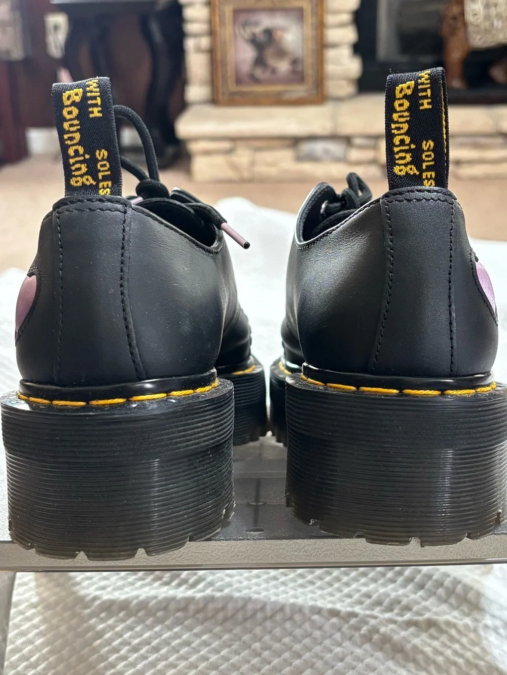 Dr. Martens Black Platform Shoes with Pink and Lilac Heart Accents